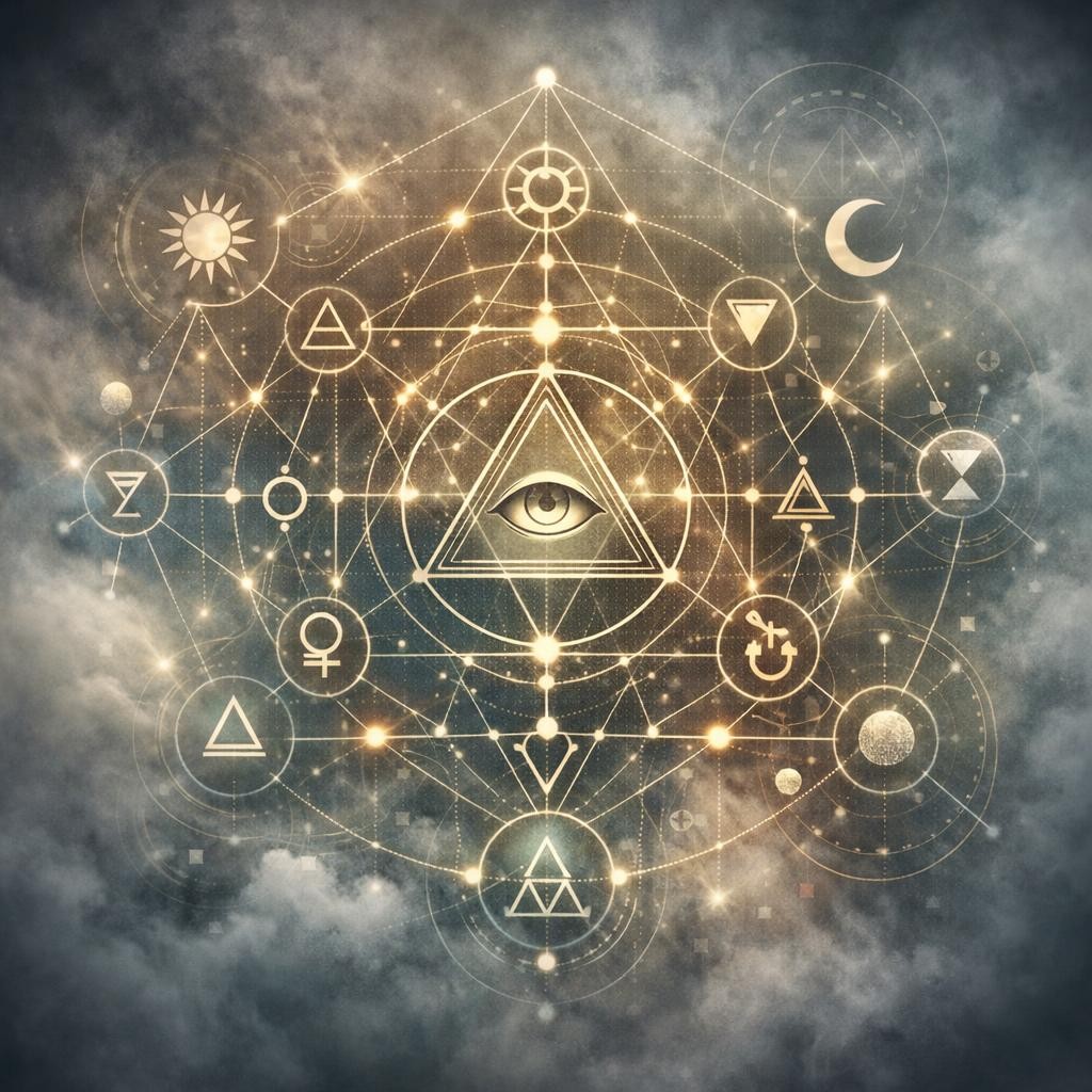 Geometric pattern with glowing lines, mystical symbols, and central eye