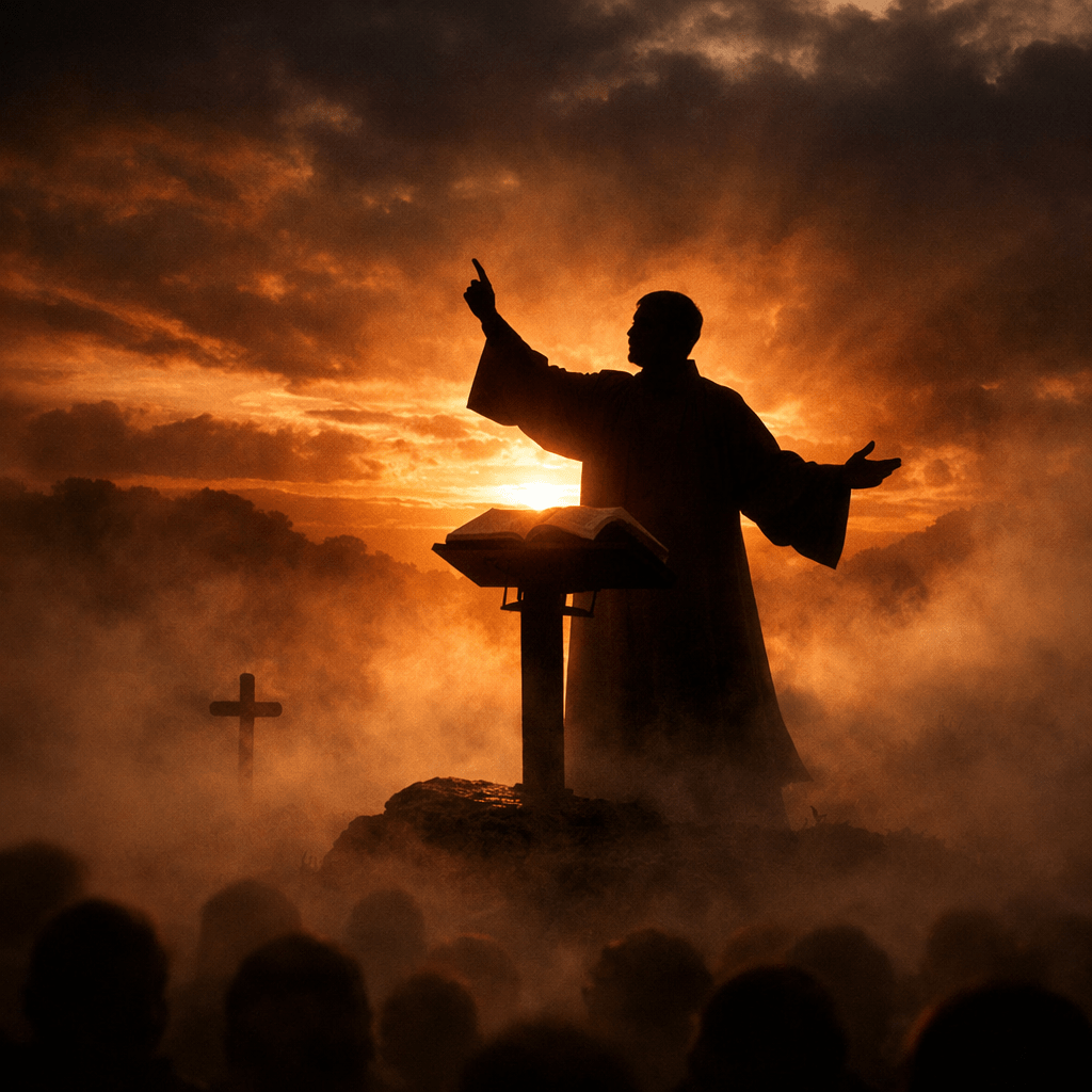 Silhouette of preacher giving sermon behind a lectern with an open book at sunset with mist and crowd