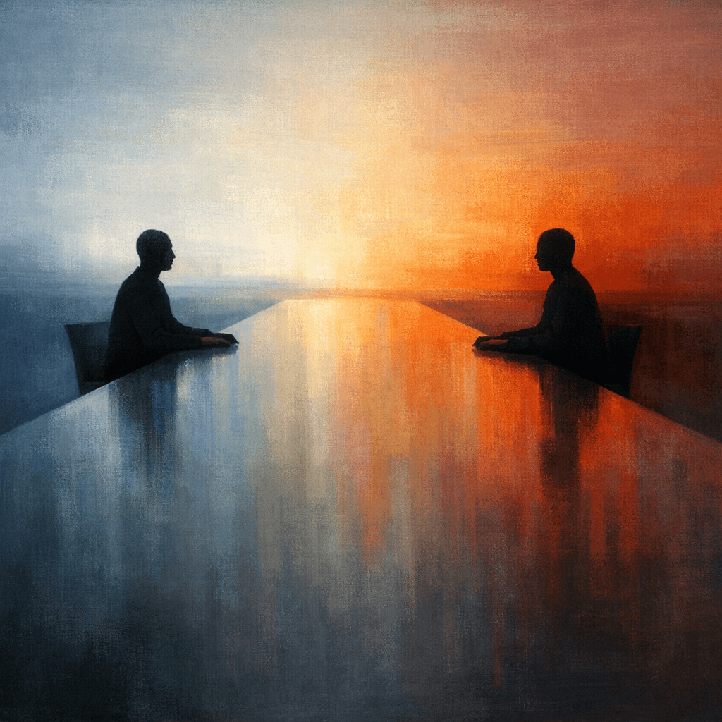 Two people sitting across a long reflective table with blue light on the left and orange light on the right