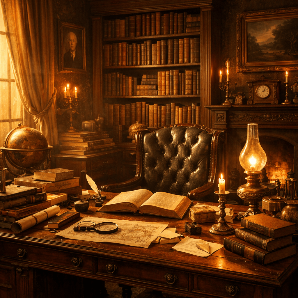 Vintage library study with leather chair, open book, globe, maps, candles, and shelves of old books