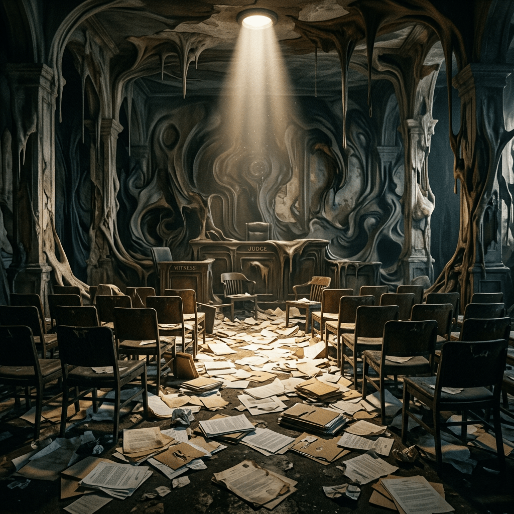 Empty courtroom with scattered papers and melting walls under spotlight