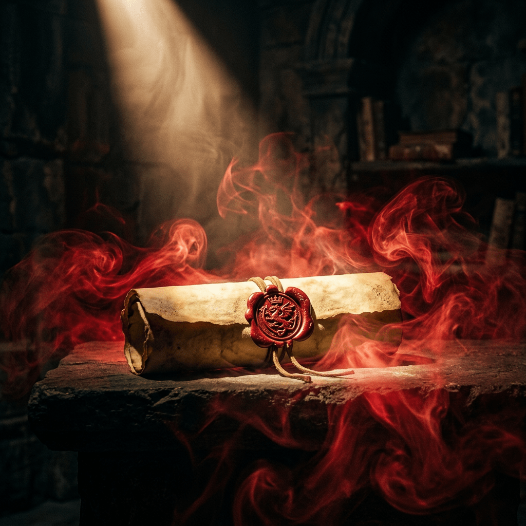 Rolled parchment sealed with a red wax stamp emitting red smoke on a stone surface