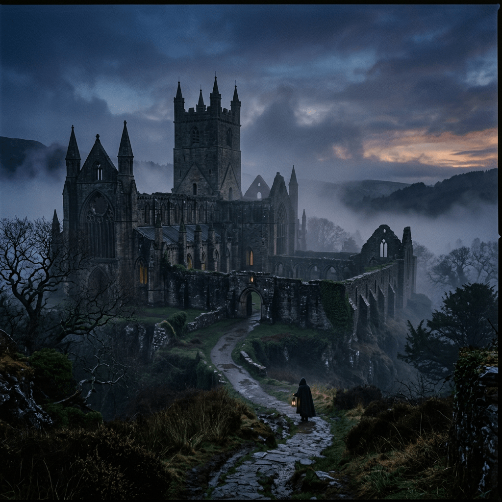 Ancient medieval abbey ruins shrouded in mist with a person carrying a lantern on a stone path