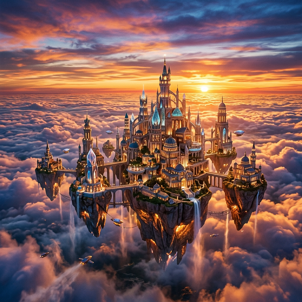 A large fantasy castle with towers and domes floating on rocky islands above clouds at sunset.