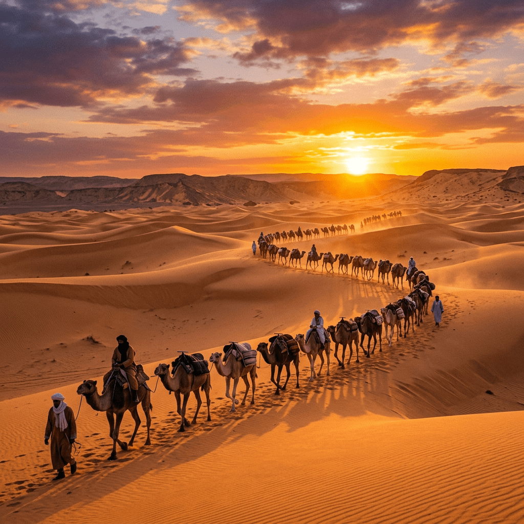 Camel caravan winding through sandy desert dunes during sunset