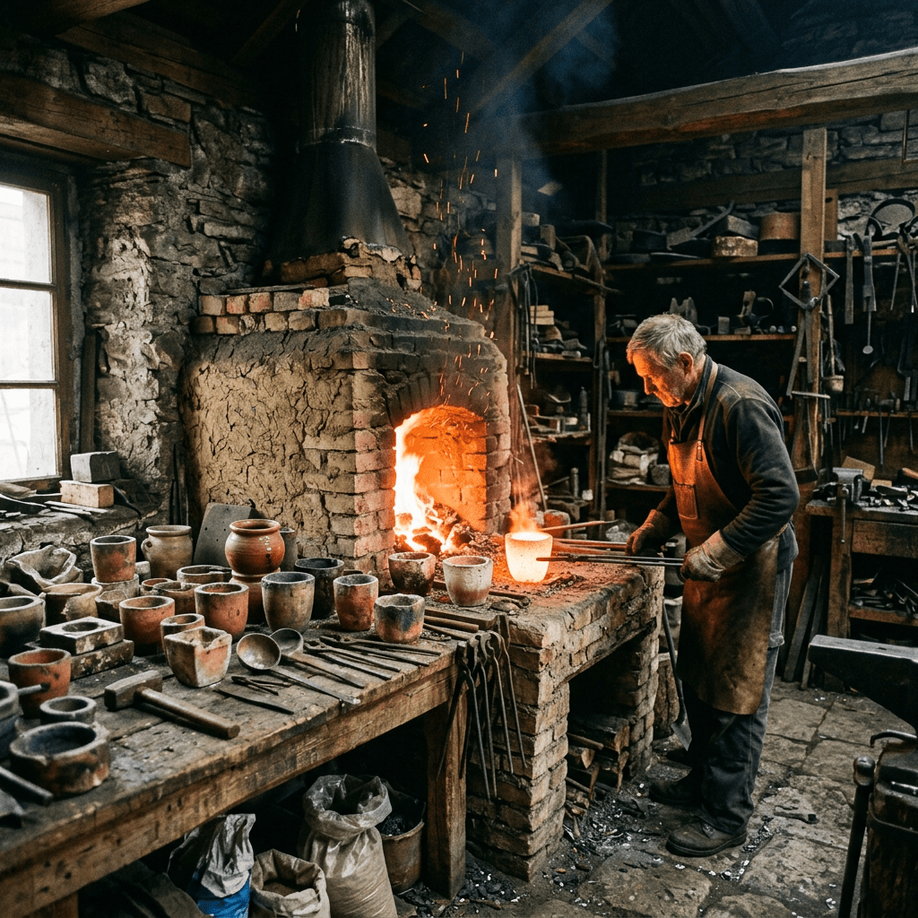 Blacksmith working with molten metal at a brick forge surrounded by tools and pottery molds