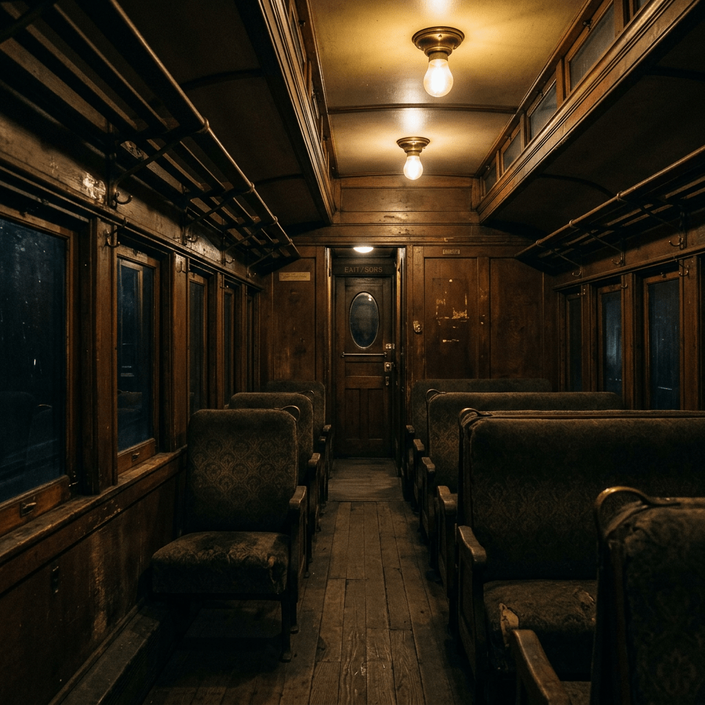 Wooden train carriage interior with upholstered seats and warm lighting
