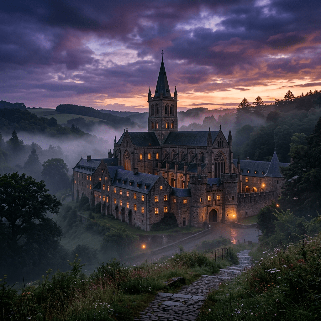 Historic castle with glowing windows surrounded by foggy forested hills at sunset
