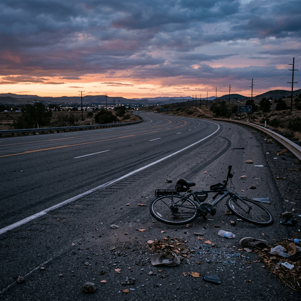 Bicycle lying on the side of a highway at sunset with scattered debris
