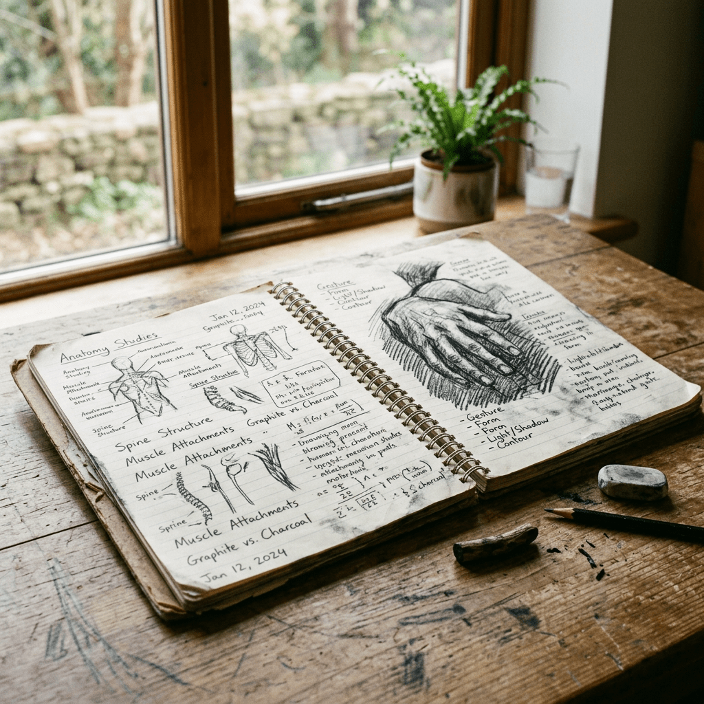 Open spiral sketchbook with anatomical drawings and detailed notes on muscle attachments and hand gestures
