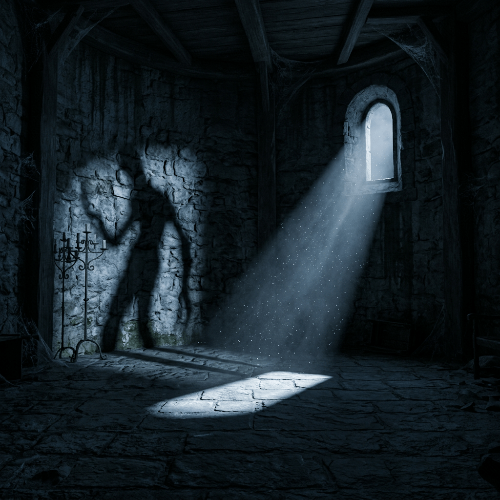 Shadow of a tall creature with elongated limbs on a stone wall in a dark, dusty dungeon