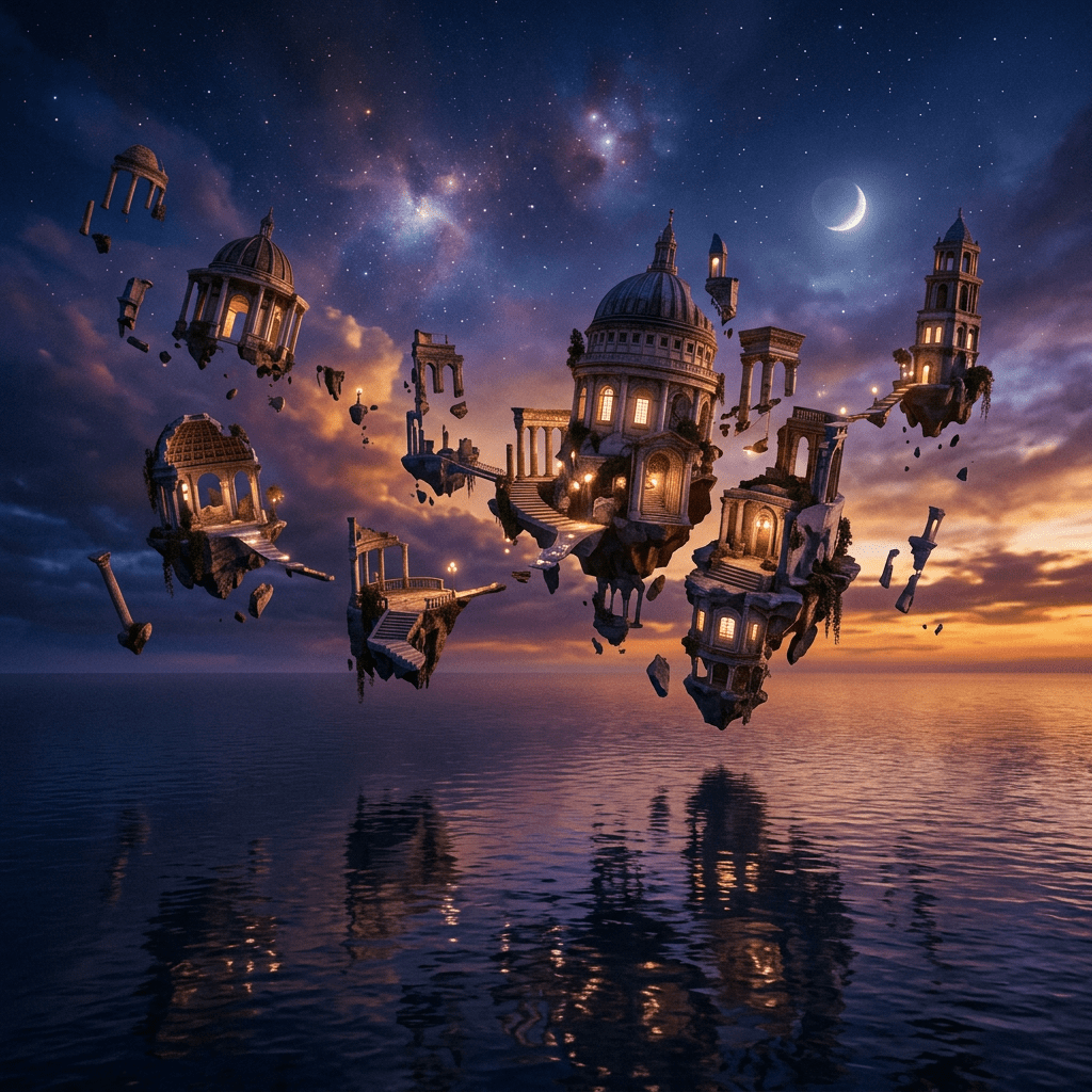 Floating ancient temple ruins illuminated against a starry twilight sky over ocean