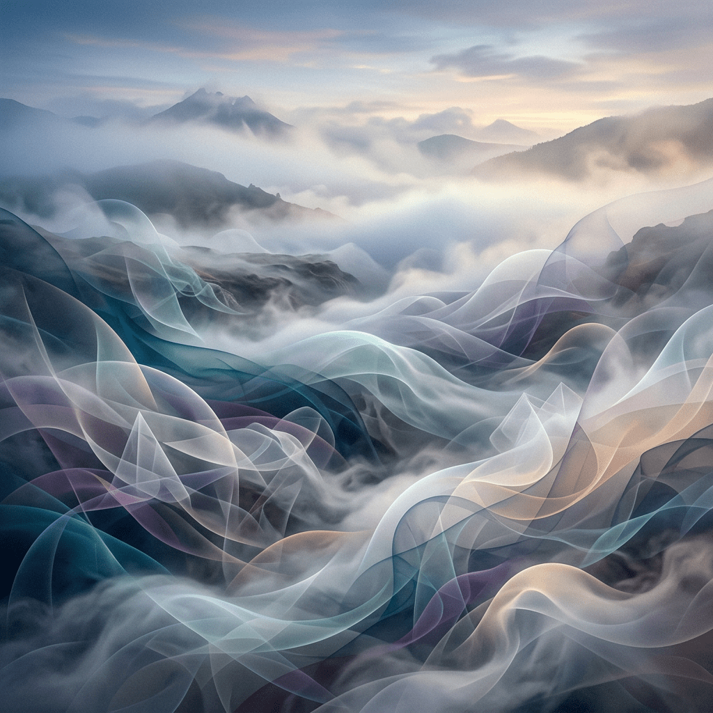 Misty mountain landscape with colorful translucent wave-like layers overlaying the scene