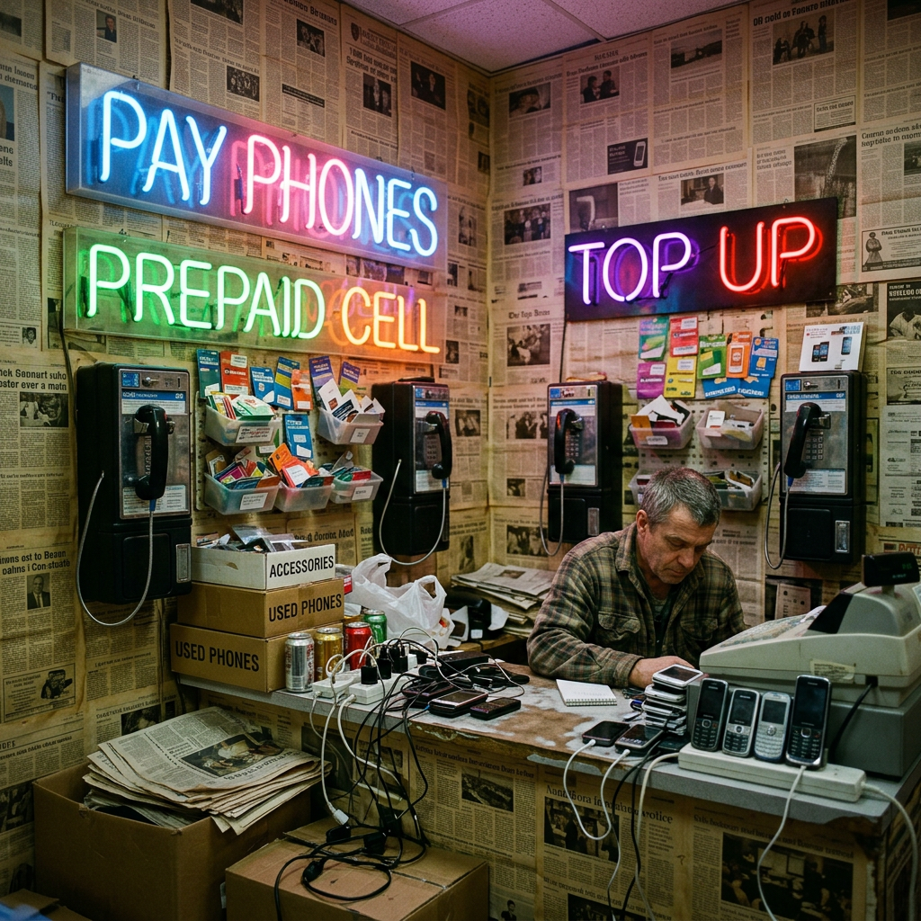 Shopkeeper at counter in pay phone and prepaid cell phone store with neon signs