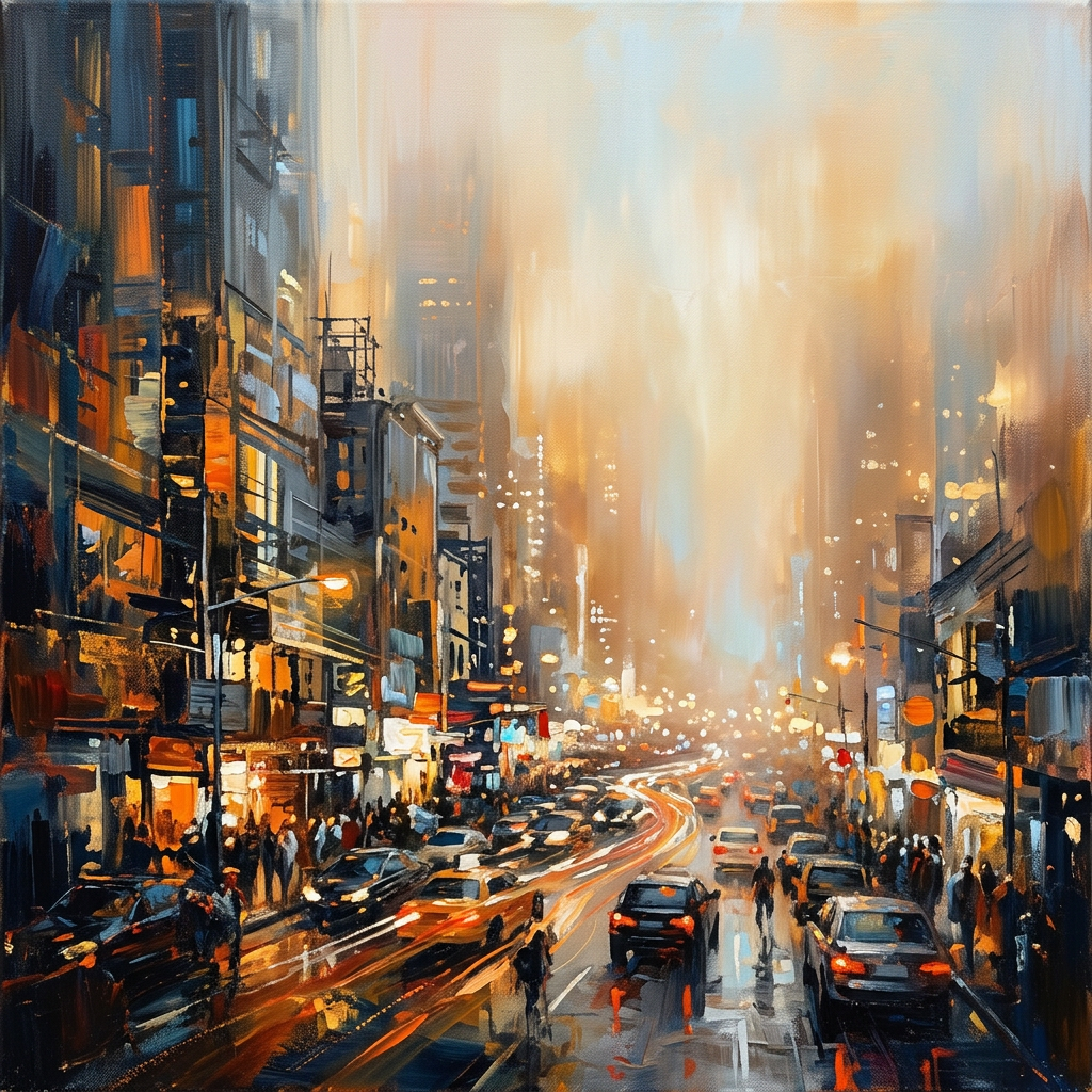 Busy city street at evening with cars, people, and illuminated buildings