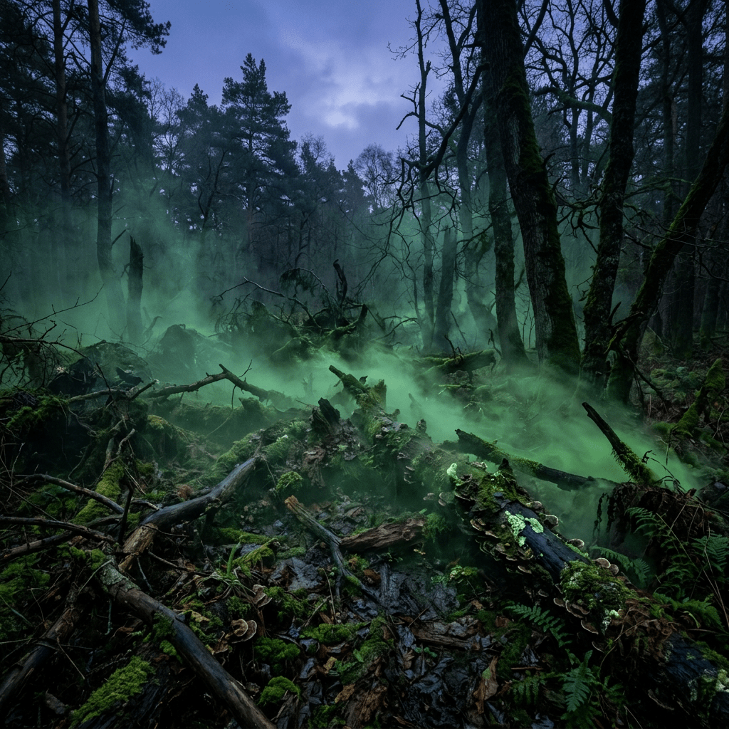 Decayed organic ground with green mist twilight