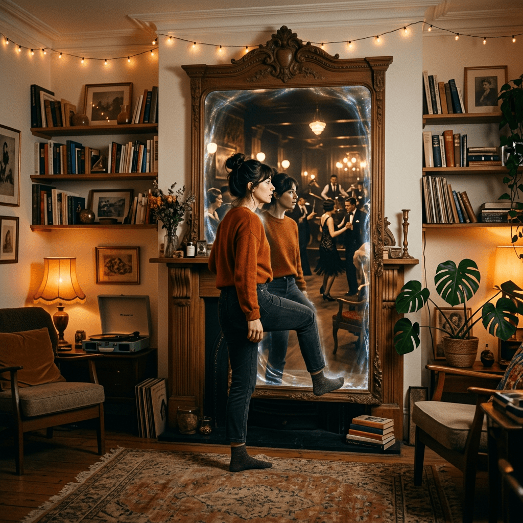 Surreal mirror time-travel apartment scene