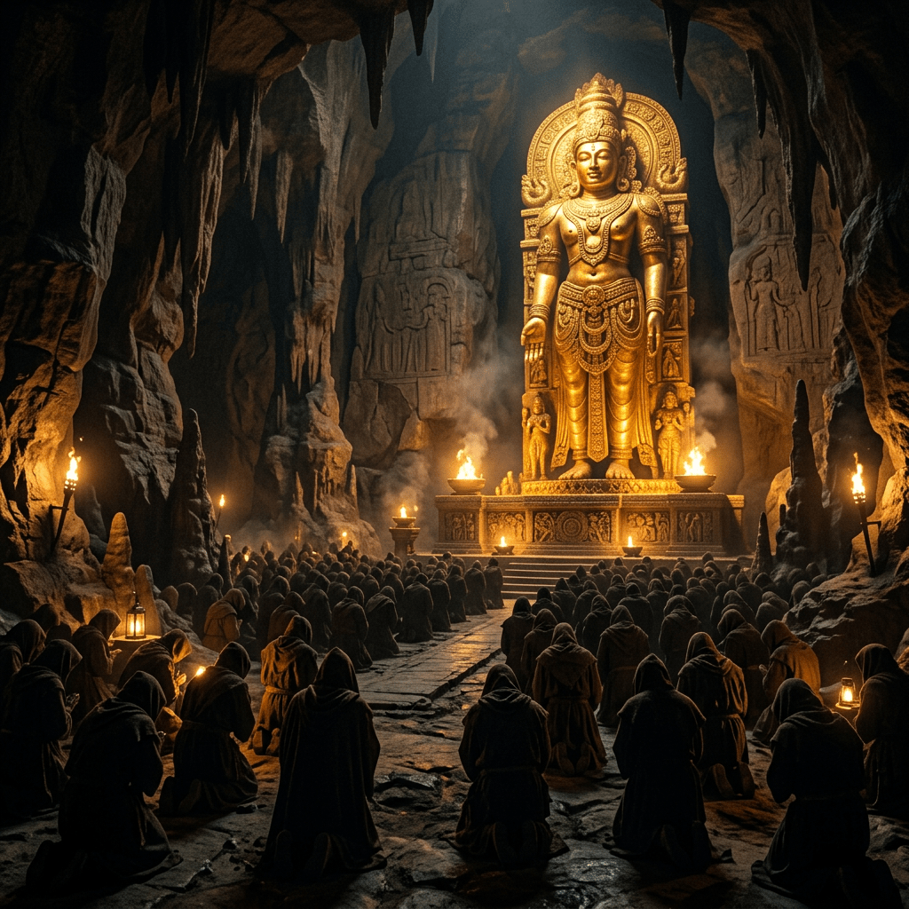 Shadowy figures kneeling before towering golden idol cavern