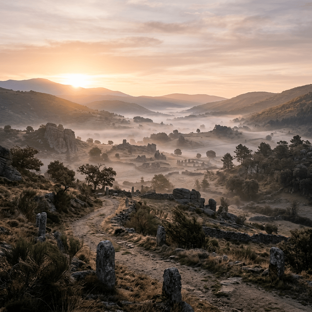 Misty mountain valley with standing stones beneath a rising sun
