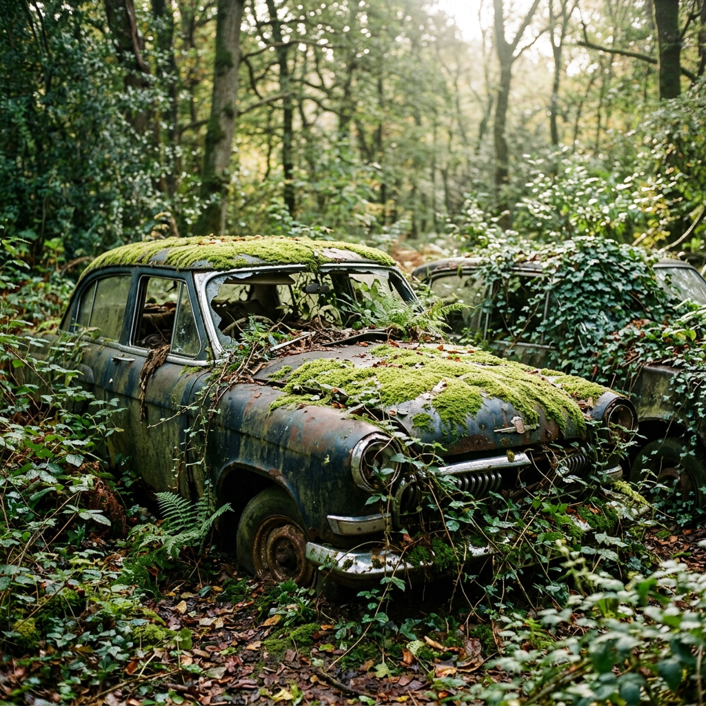 Moss-covered vintage car surrounded by dense forest vegetation
