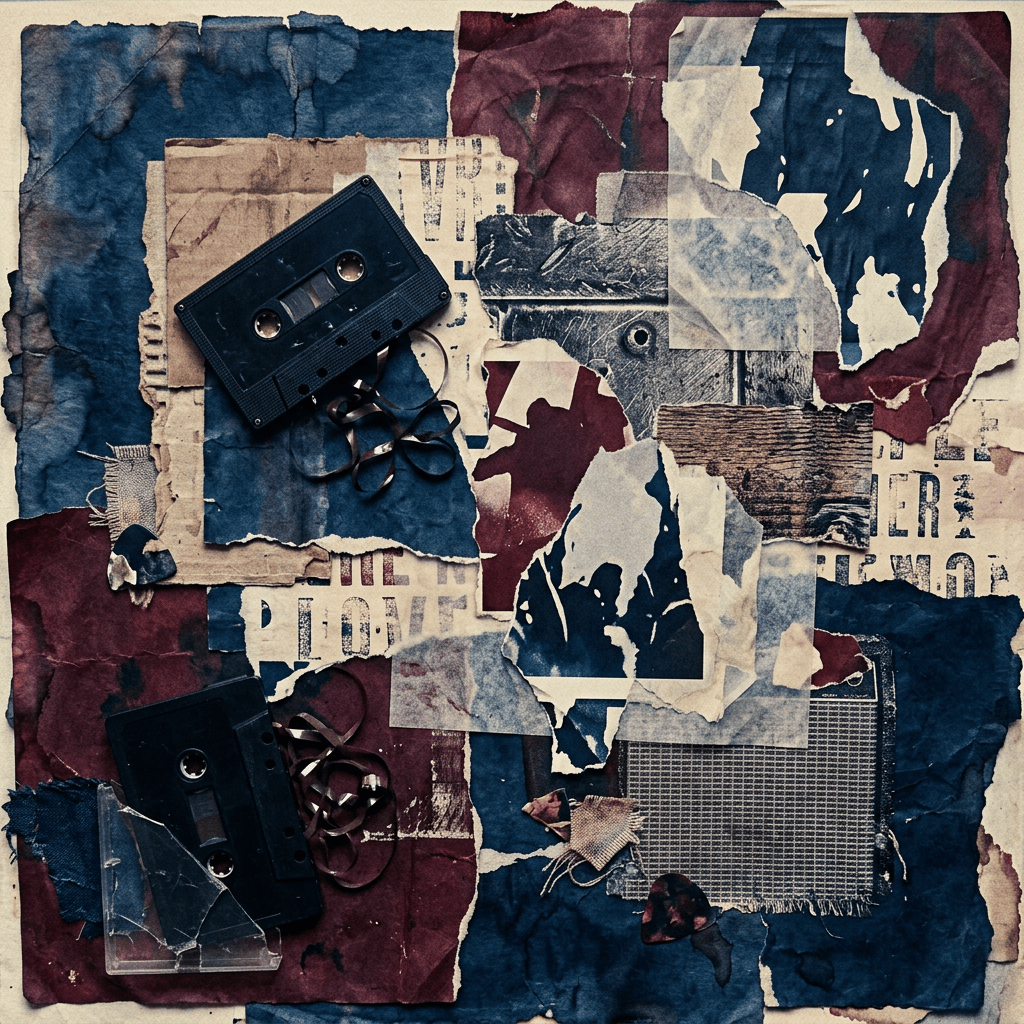 Two cassette tapes arranged on a layered vintage paper collage