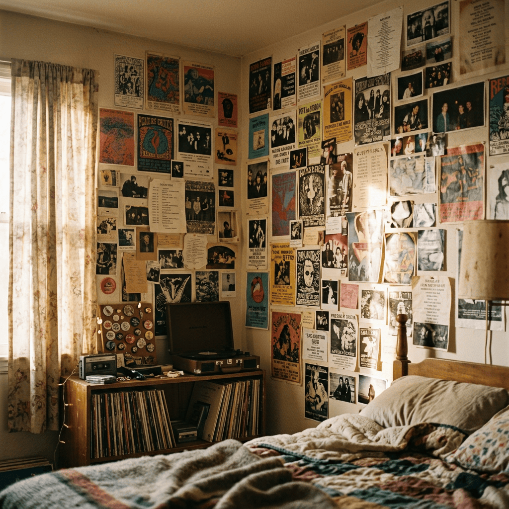 Bedroom with record player, vinyl records, and walls covered in music posters