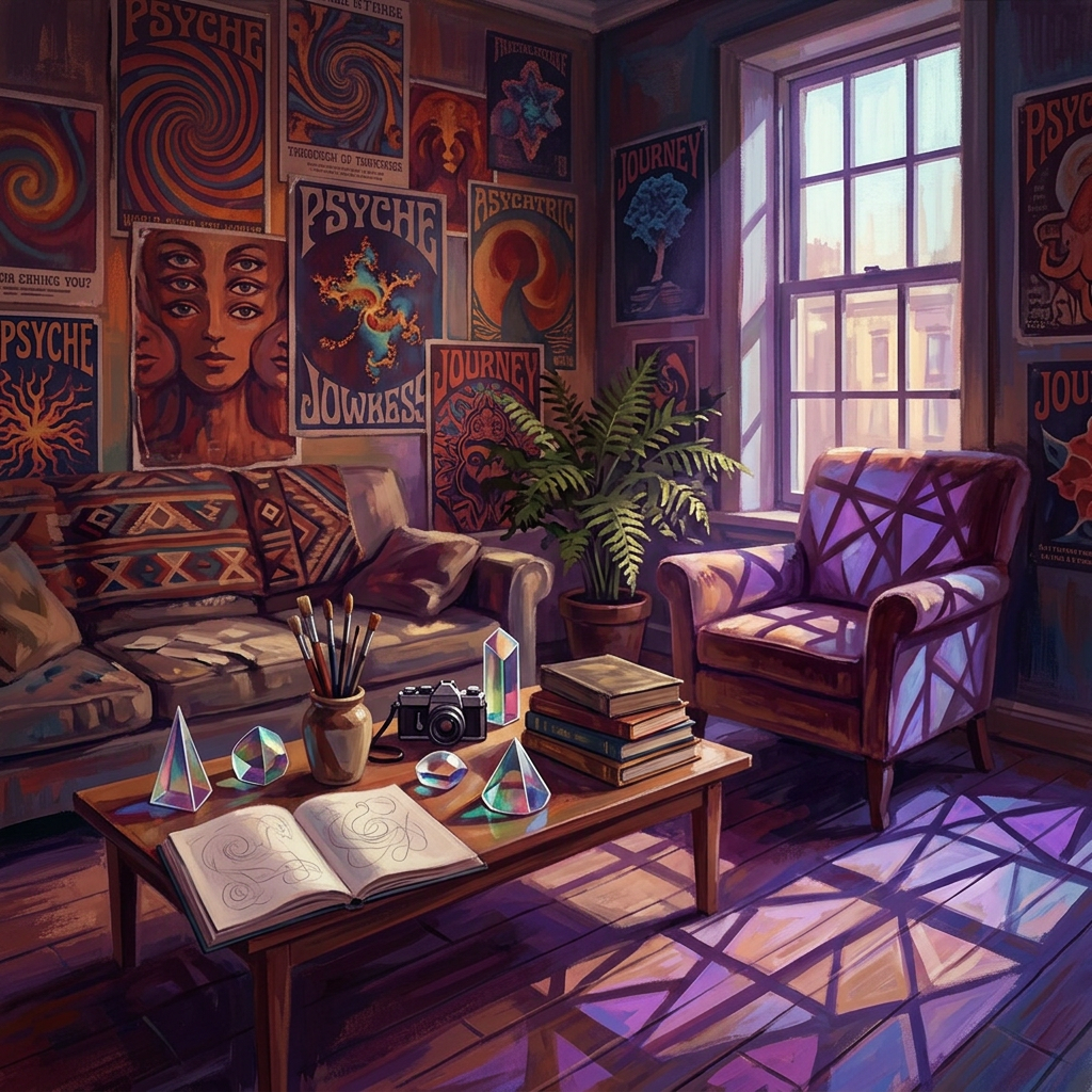 Art-filled sitting room with books, camera, crystals, plant, and sunlight