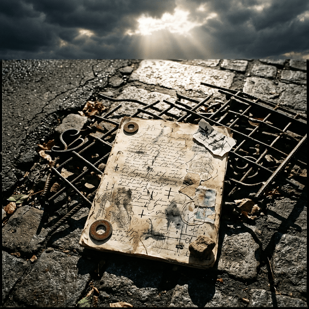 Manuscript page beside broken mechanical grid