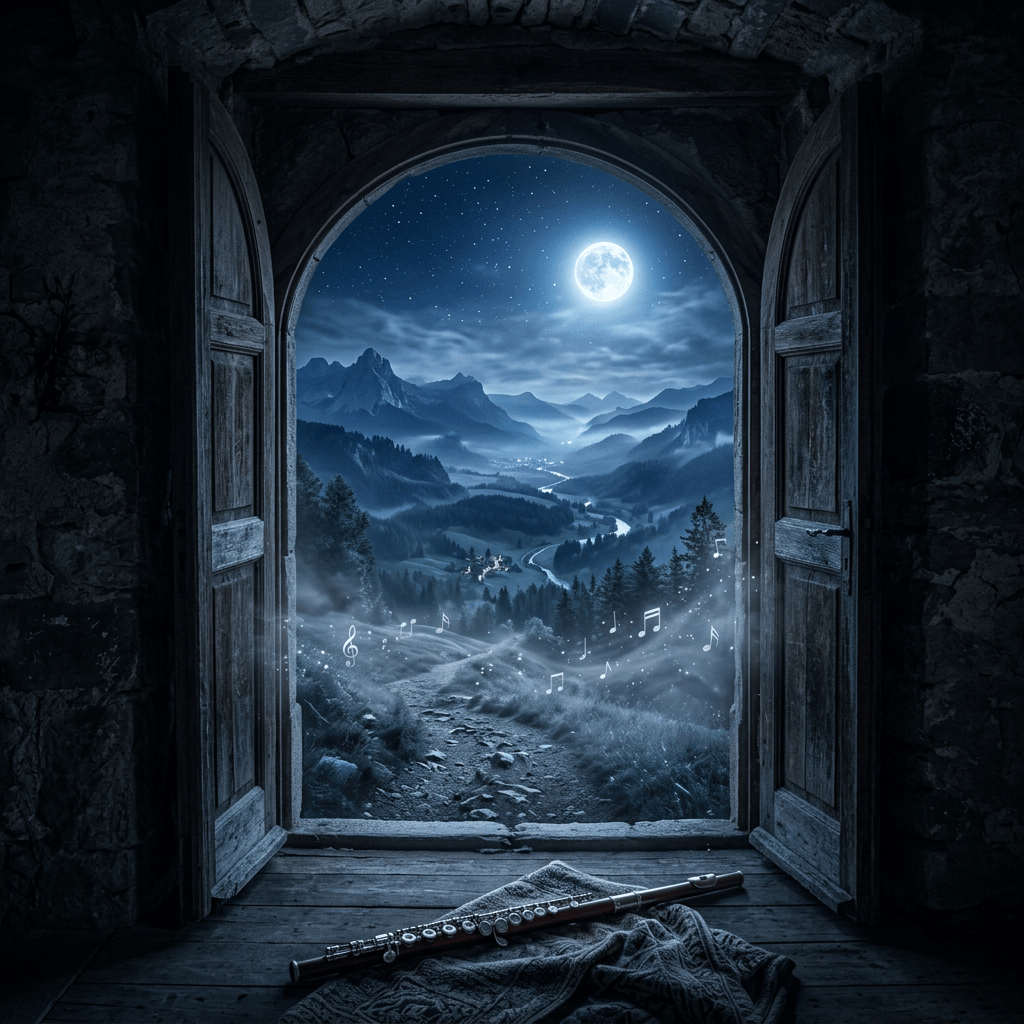 Flute beside open window overlooking a moonlit mountain valley with musical notes
