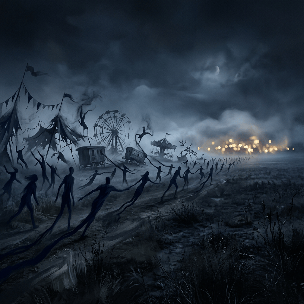 Shadowy figures approaching an abandoned carnival under a cloudy crescent moon