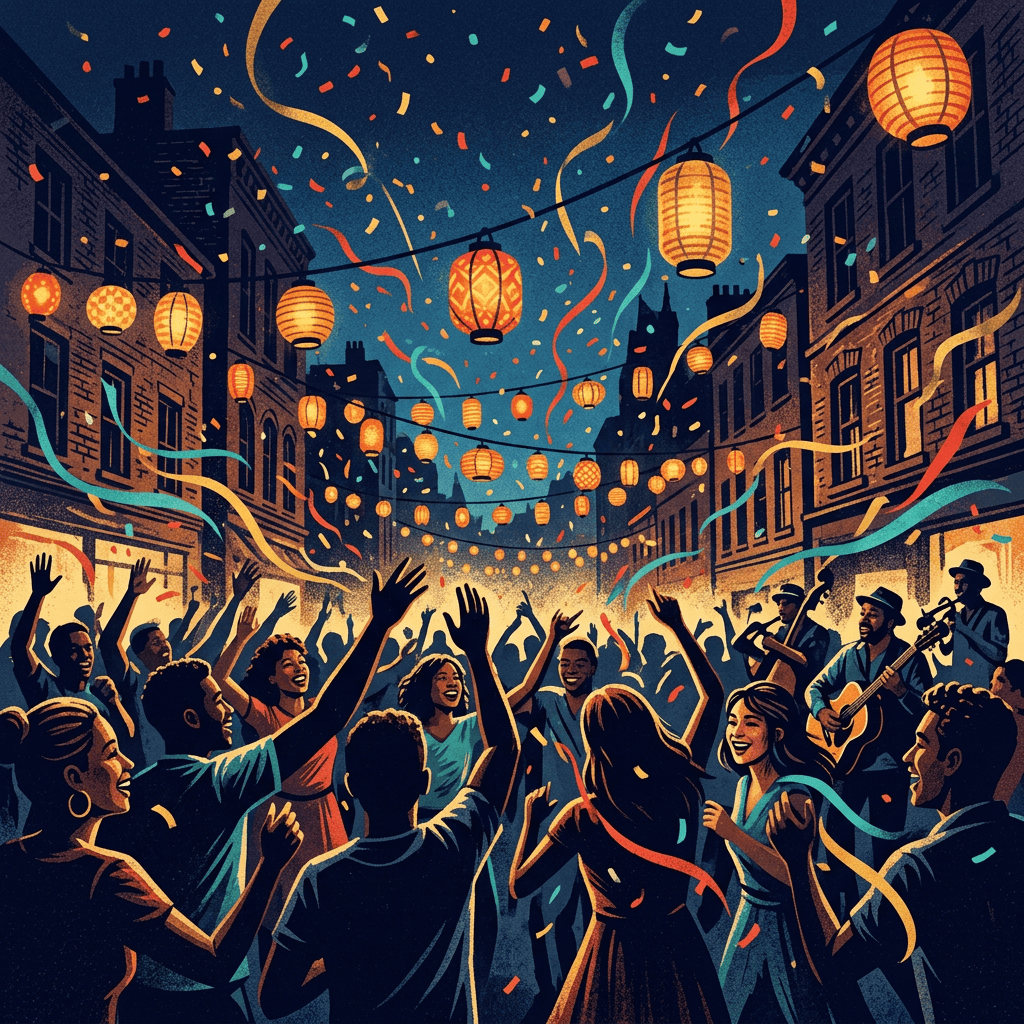 Crowd celebrating beneath lanterns while musicians perform in a city street
