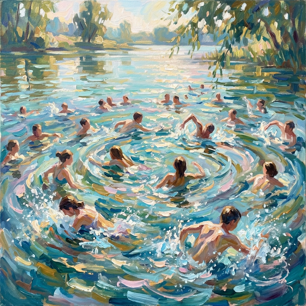 Swimmers playing in a sunlit lake beneath overhanging trees