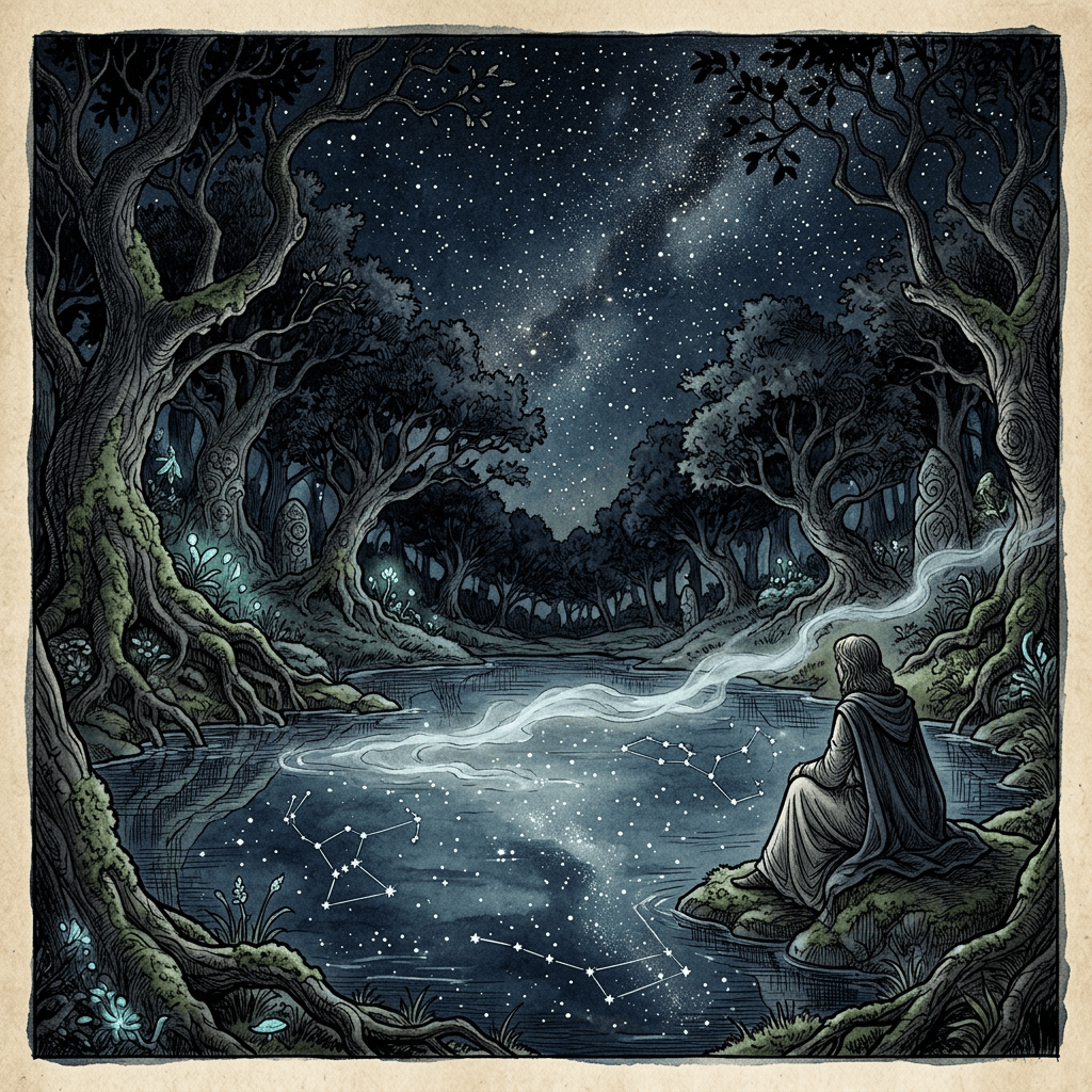 Cloaked figure sitting beside a forest pond beneath a star-filled sky