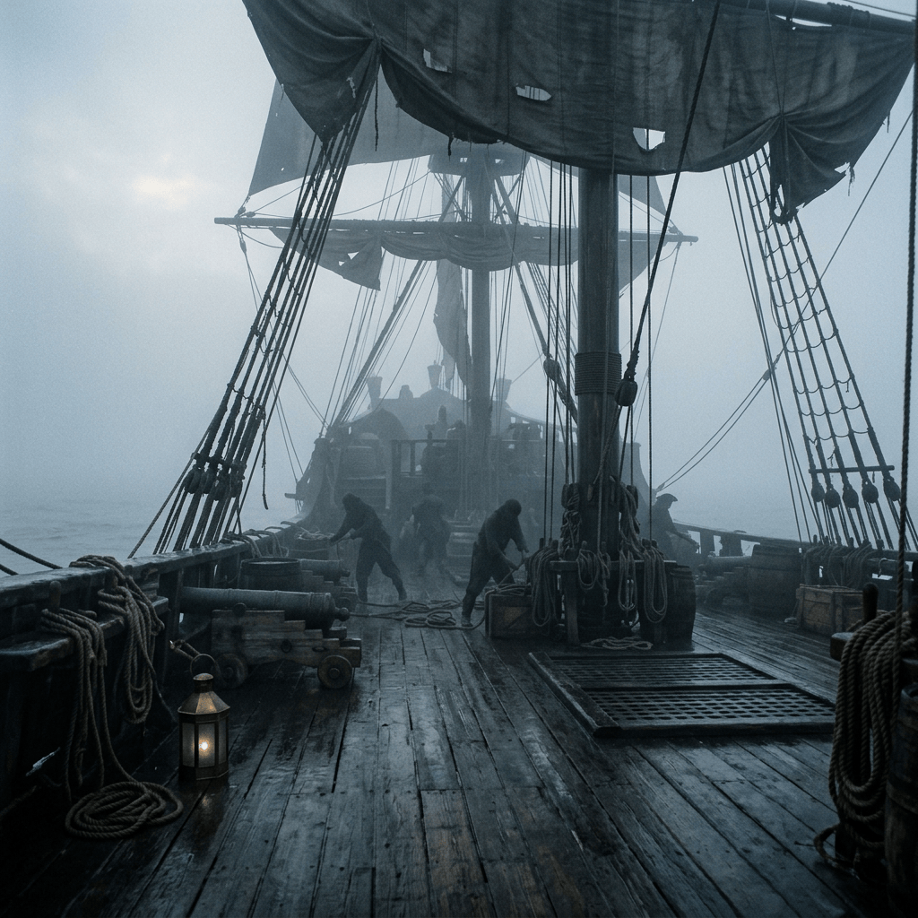 Sailors working on a foggy wooden sailing ship deck