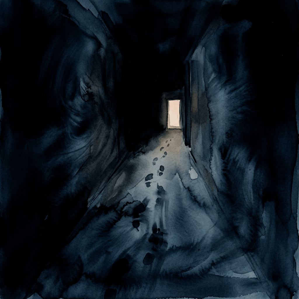 Footprints leading through a dark blue passage toward a glowing doorway