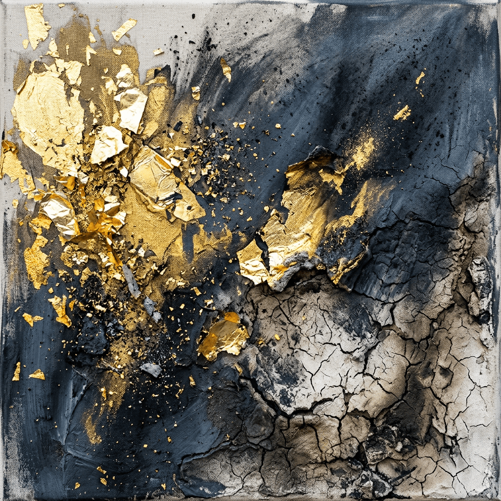 Metallic fragments dissolving into ash and shadow