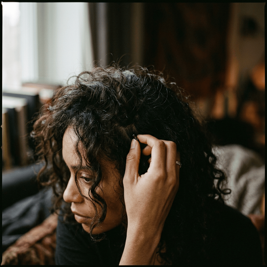 Person adjusting curly hair in a softly lit room