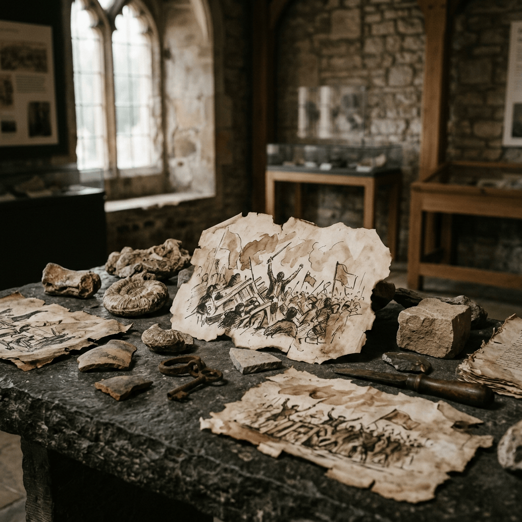 Weathered illustrated manuscripts and artifacts displayed on a museum table