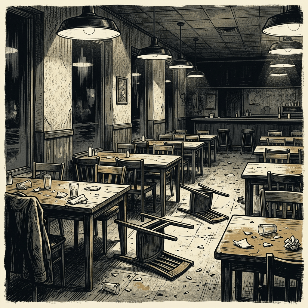 Empty café with overturned chairs, messy tables, and scattered debris