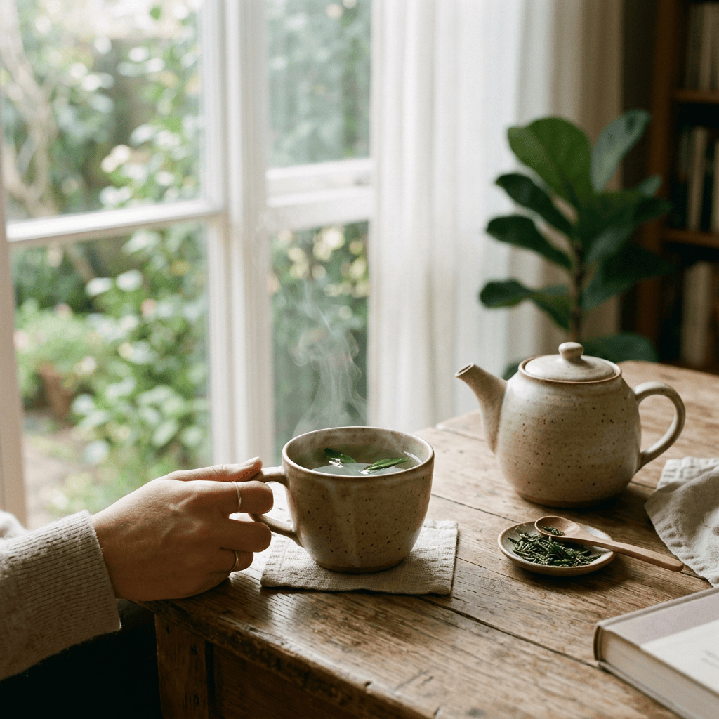 Hand holding a steaming cup of green tea beside a teapot