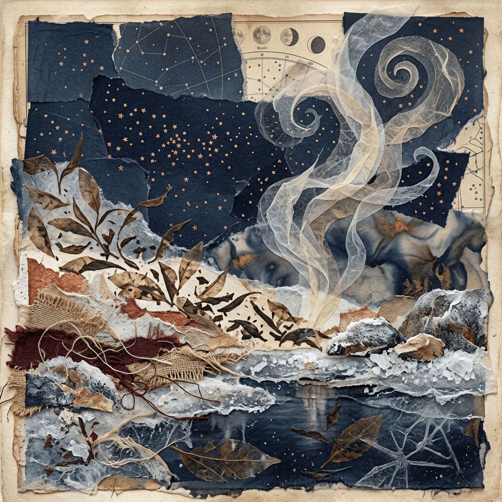 Mixed-media collage of stars, lunar phases, swirling forms, plants, rocks, and water