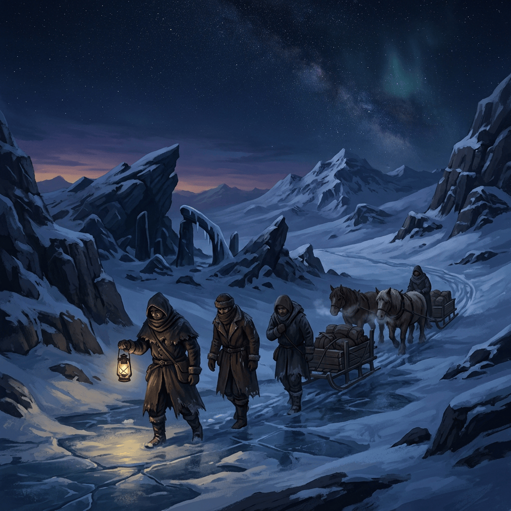 Three travelers and pack horses crossing a snowy mountain pass at night