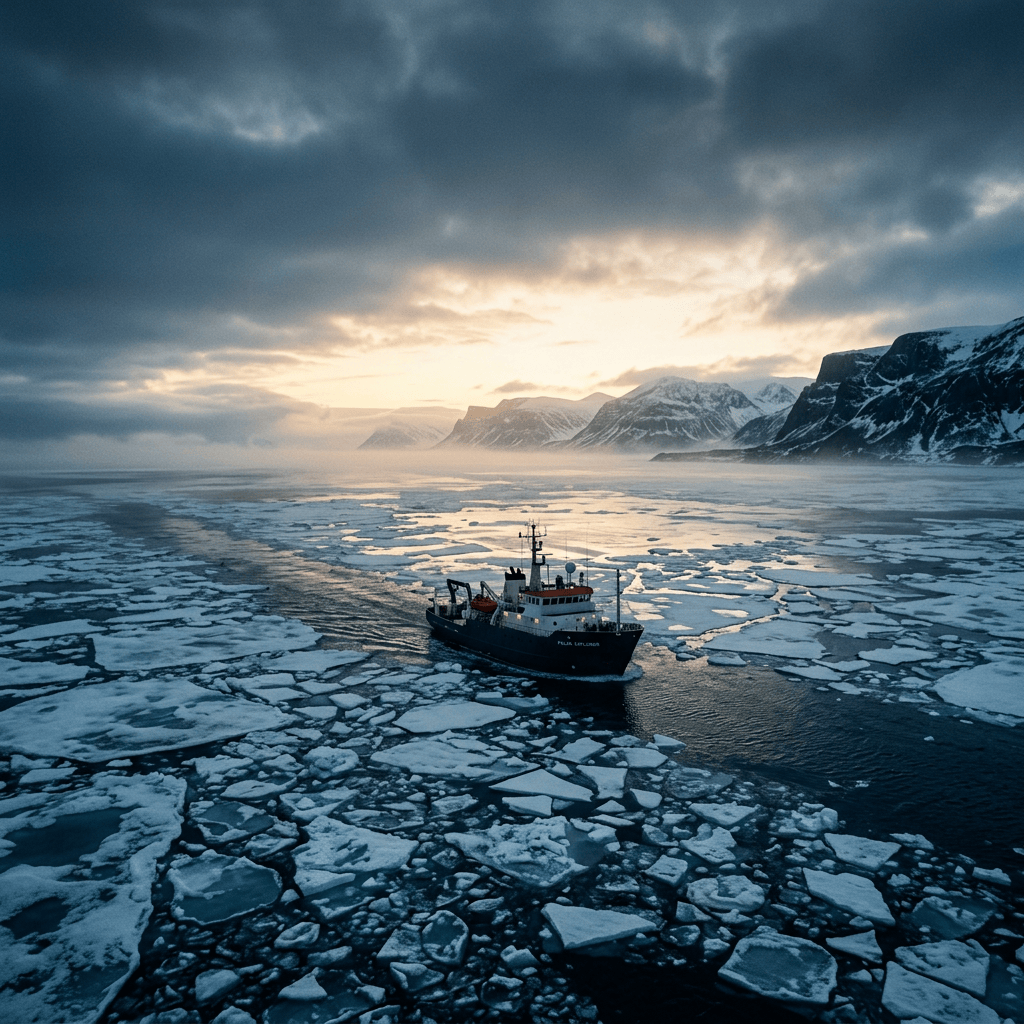 Research vessel navigating through Arctic sea ice beneath snow-covered mountains