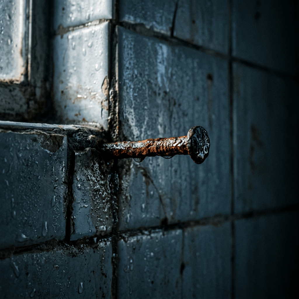 Rusty metal latch protruding from a wet blue-gray wall