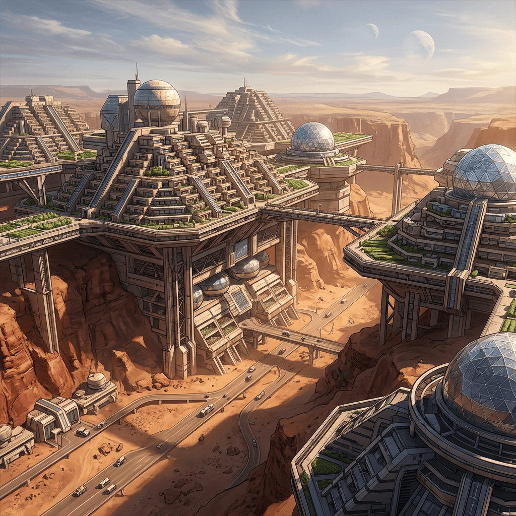 Futuristic terraced city with glass domes above a desert canyon