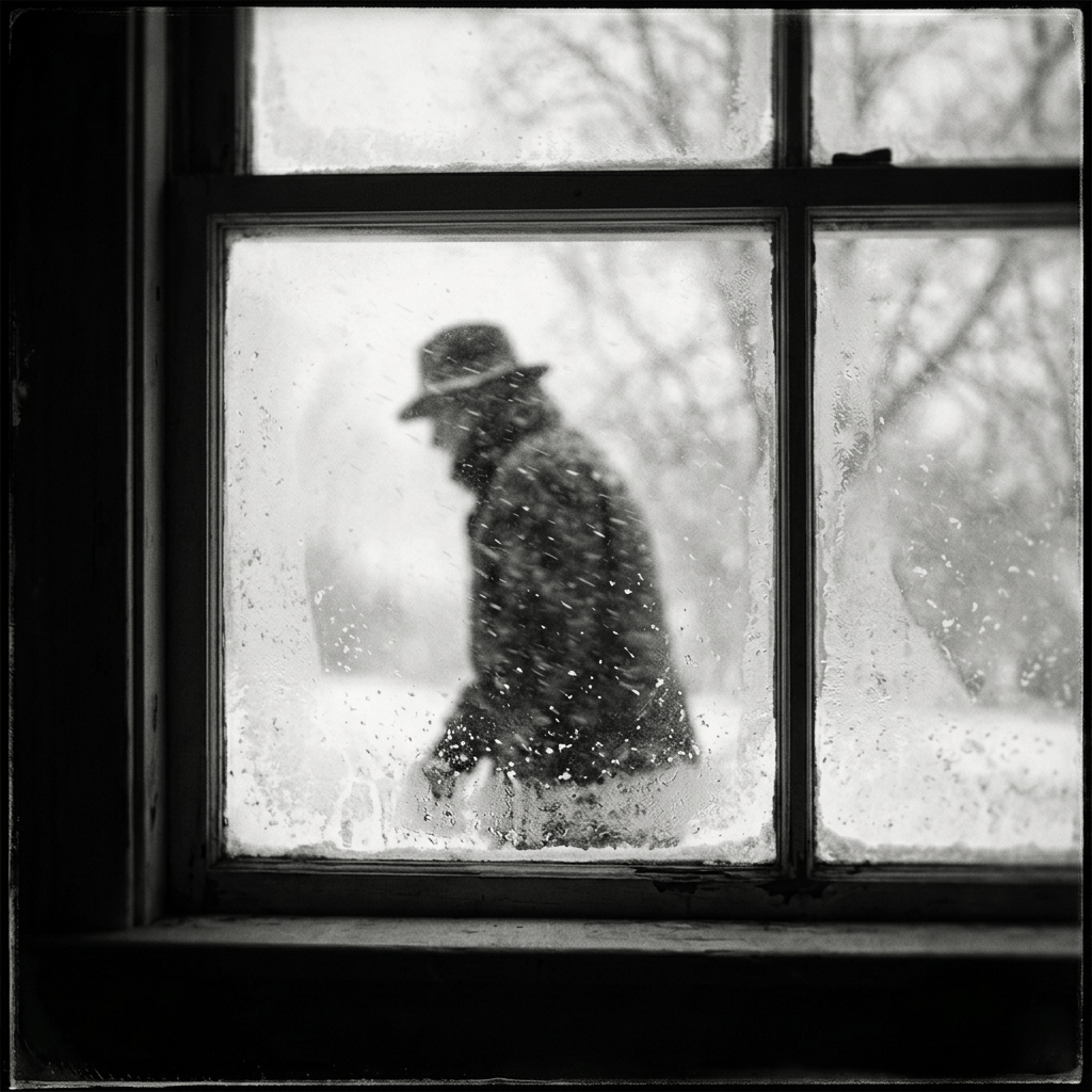 Blurred person in a brimmed hat seen through a frosted window