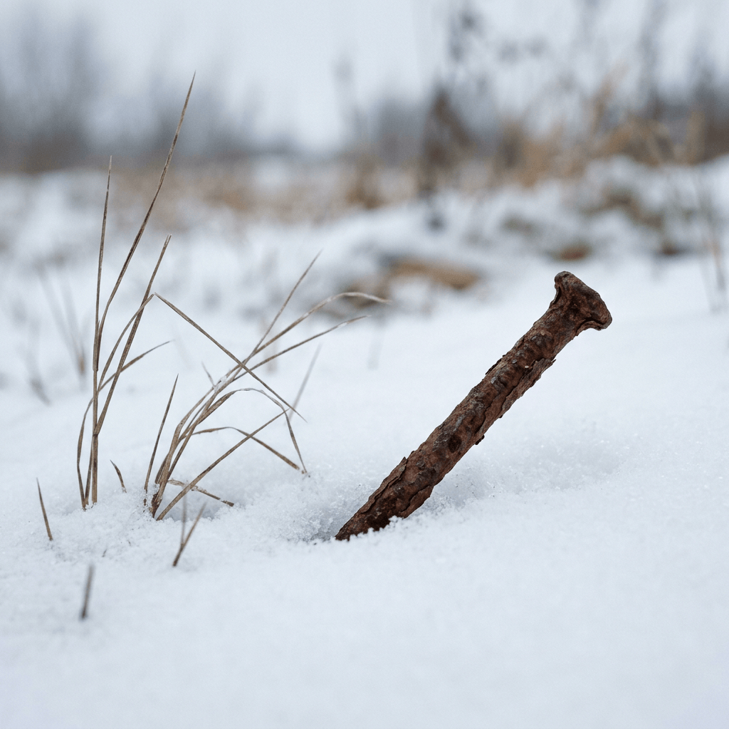 Rusty nail protruding from snow beside dry grass