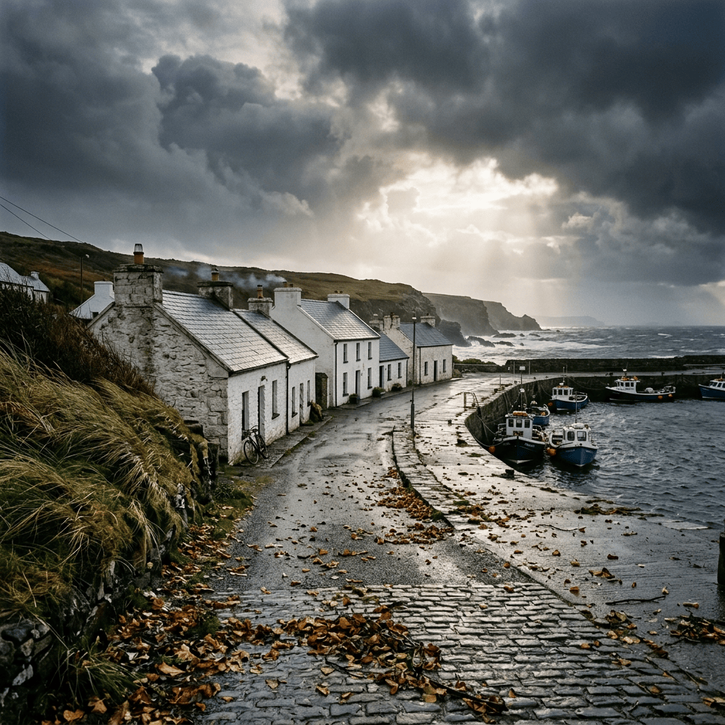 Coastal village with stone cottages, fishing boats, cliffs, and storm clouds