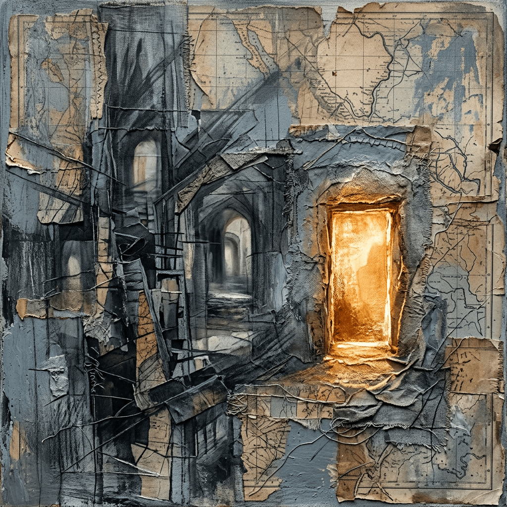 Glowing doorway in a crumbling, map-covered passage