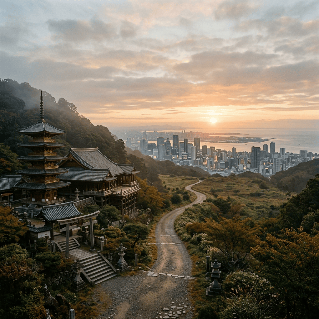Traditional hillside temple overlooking a modern coastal city at sunset